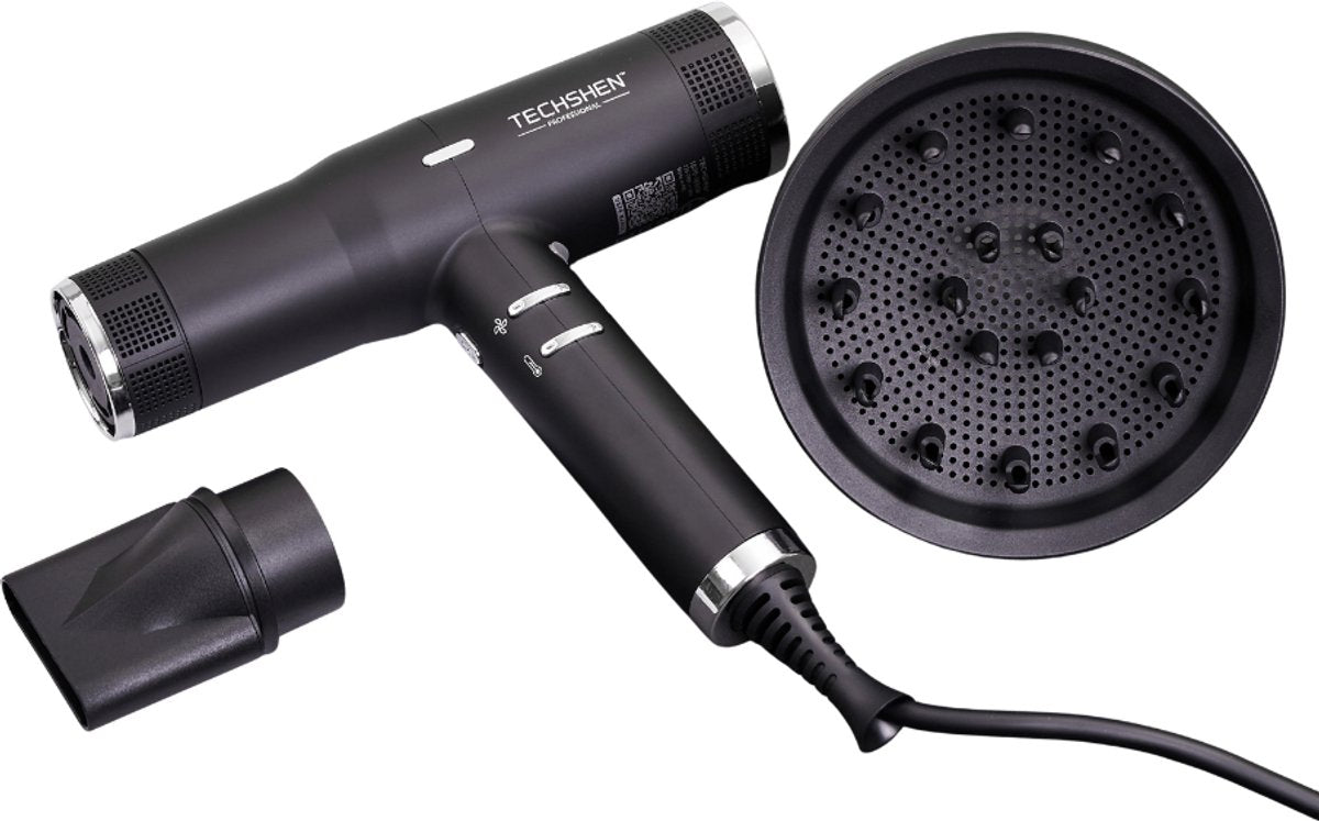 Techshen X by Ricki Parodi – Professionele Föhn met Ionentechnologie & Diffuser – 2200W – Sneldrogend & Stil – Zwart